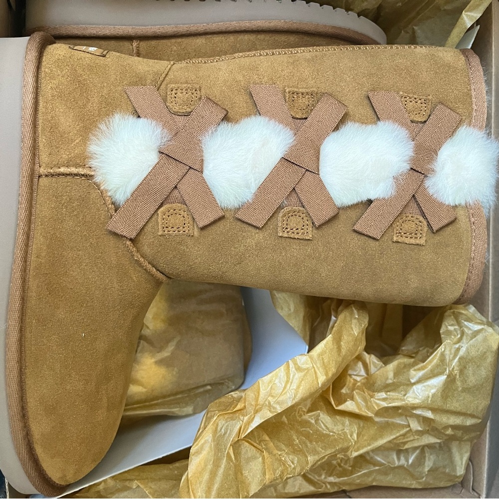 Koolaburra by Ugg Tan Suede Boots with White Pom Poms